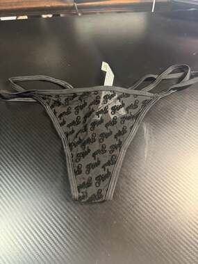 PINK Victoria's Secret Logo Mesh Strappy Thong Panty Black Size L